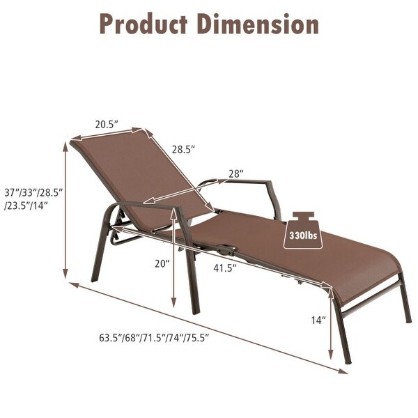 2 Pieces Patio Folding Chaise Lounge Chair Set with Adjustable Back-Brown - 63.5 x 28