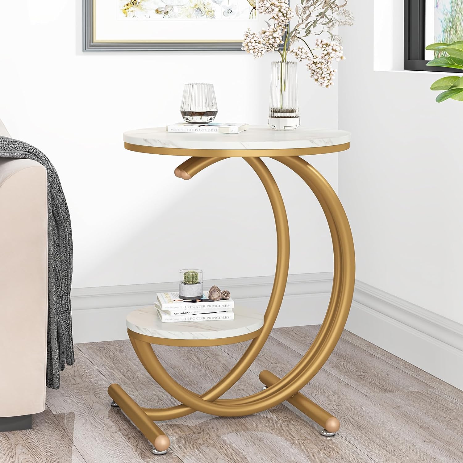 2-Tier End Table, Small Accent Side Table with C-Shaped Frame