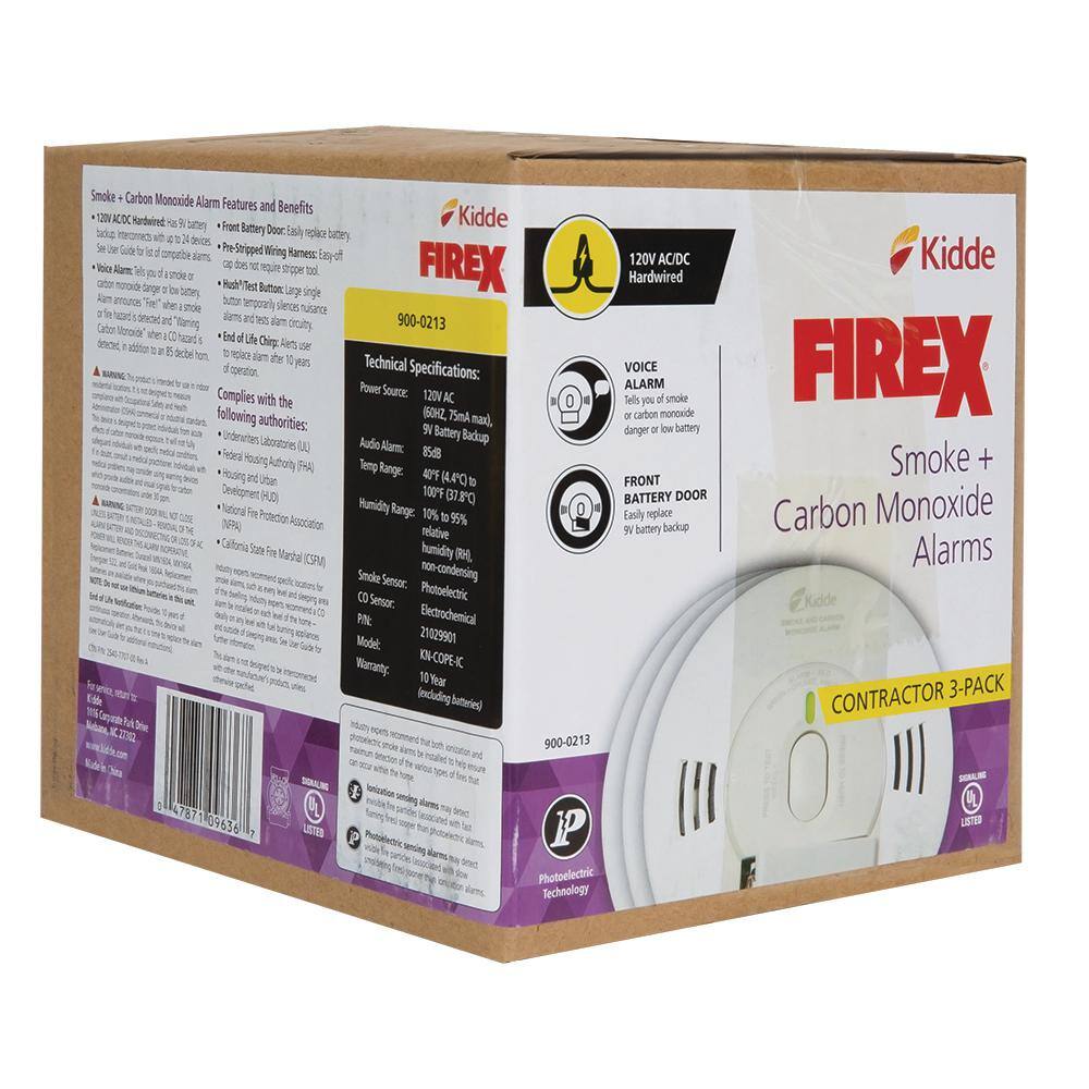 Kidde Firex Smoke  Carbon Monoxide Detector Hardwired with nine-V Battery Backup  Voice Alarm 3-Pack 21029901