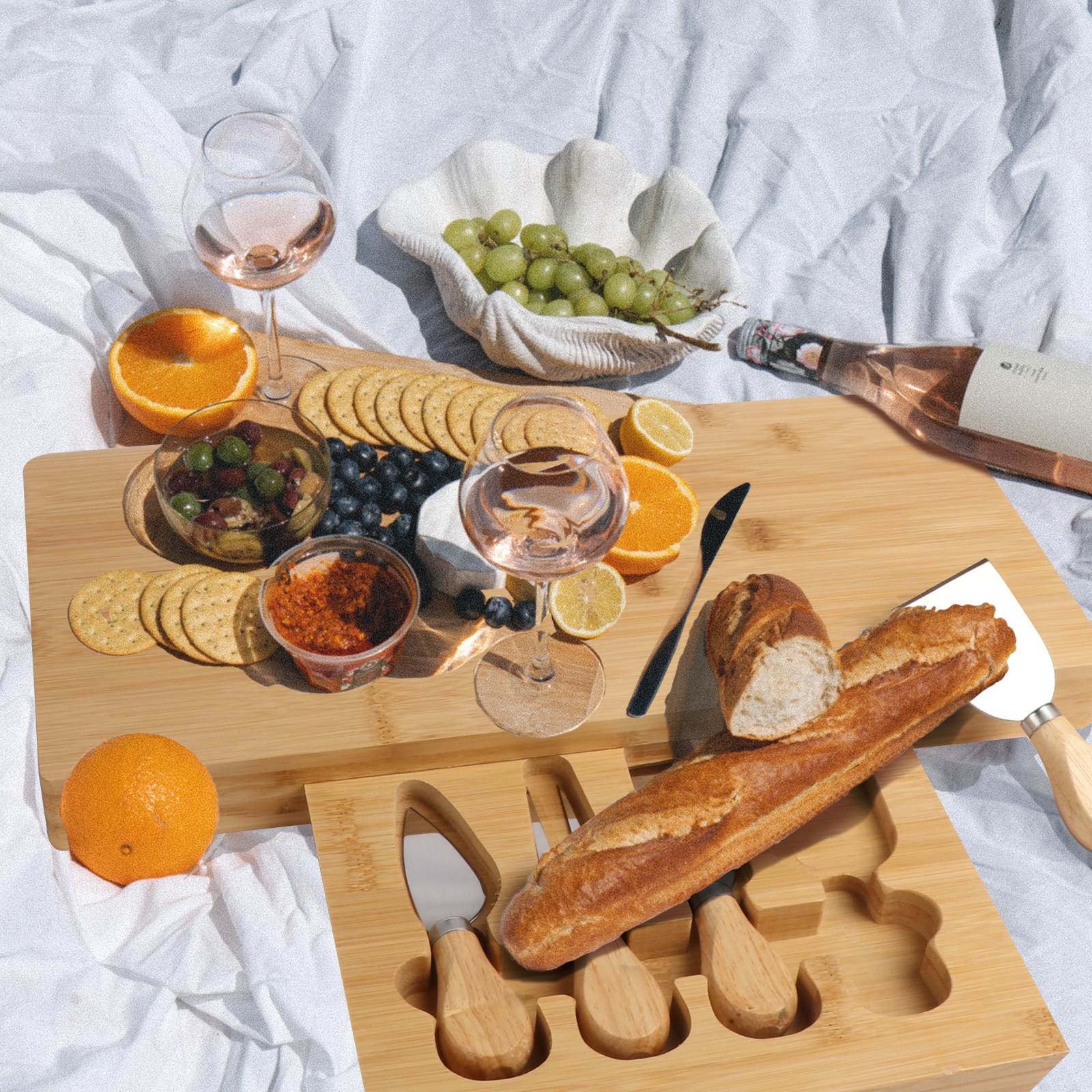 BIGTREE Bamboo Cheese Cutting Board Set Wooden Charcuterie Platter Serving Tray with Cutlery Set for Birthday Gifts Dormitory Furniture