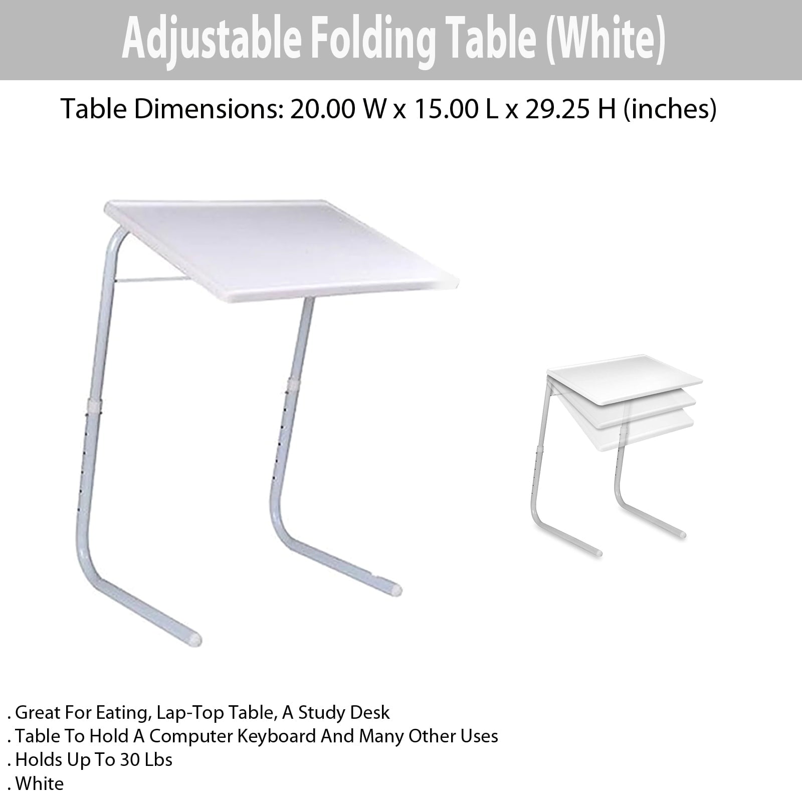 Eternal Living Adjustable Folding Table (White) Eating Serving Lap-Top White