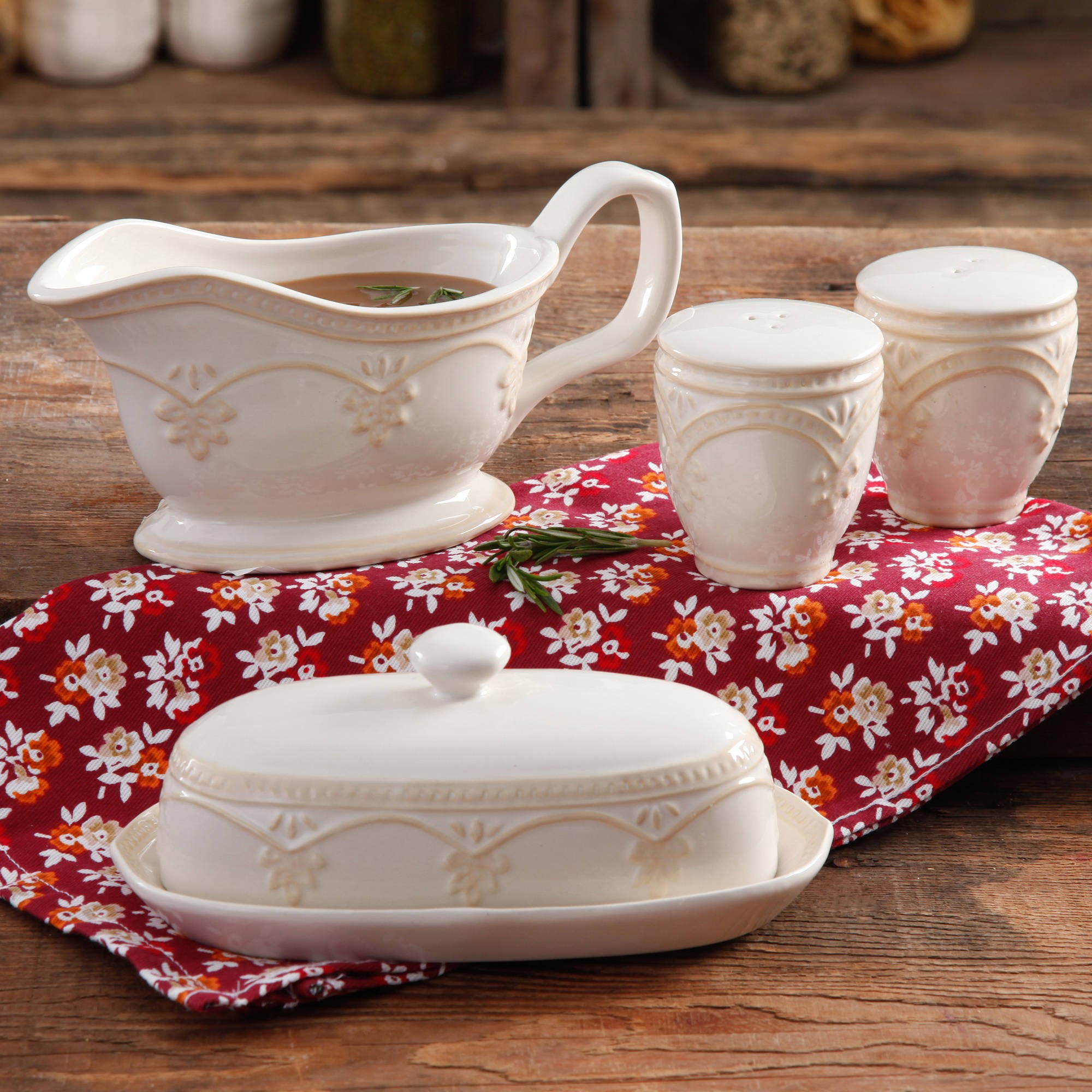 The Pioneer Woman Farmhouse Lace Butter Dish with Gravy Boat and Salt and Pepper Shakers