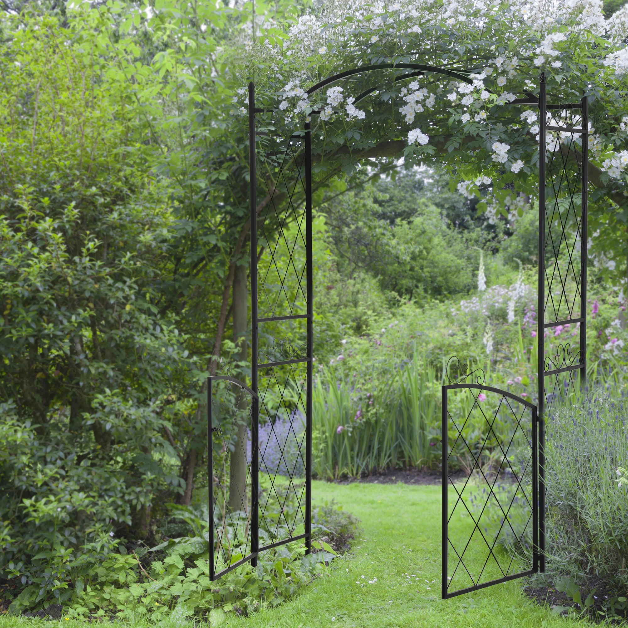 Outsunny 85'' Metal Garden Arbor with Gate, Outdoor Steel Arch with Scrollwork for Climbing Vines, Ground Mountable Columns