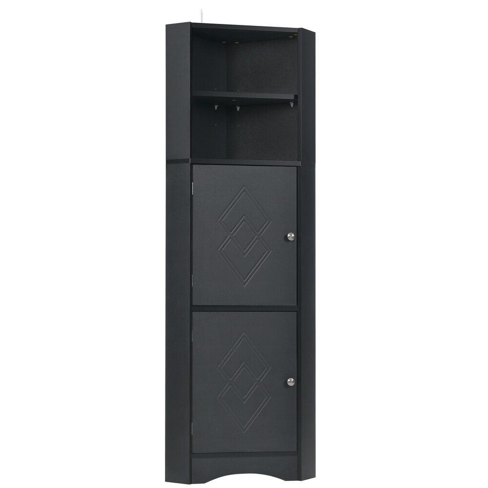 Tall Bathroom Corner Cabinet  Freestanding Floor Black Storage Organizer Bookcase with Adjustable Shelves and Doors for Office