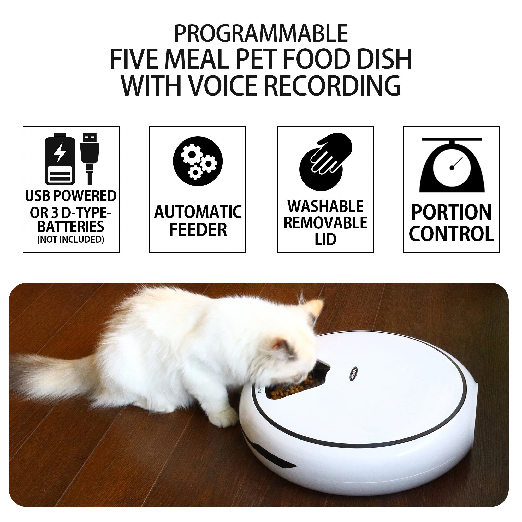 Lentek Programmable Five Meal Pet Dish with Voice Message， White