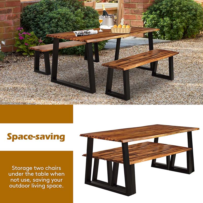 3 Pcs Rustic Acacia Wood Dining Table Set with 2 Benches, Indoor & Outdoor Picnic Table Bench with Metal Legs