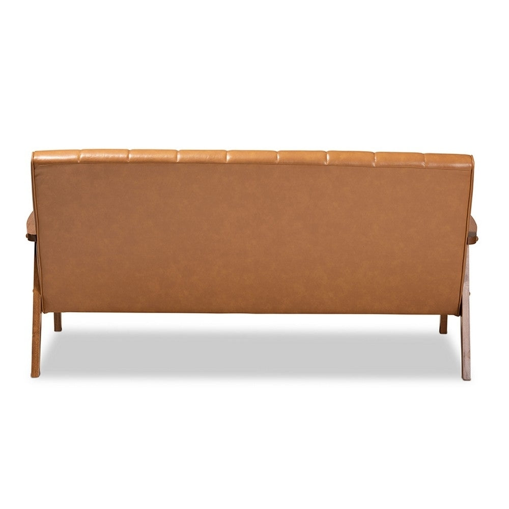 Nikko Mid-century Modern Tan Faux Leather Upholstered and Walnut Brown finished Wood Sofa