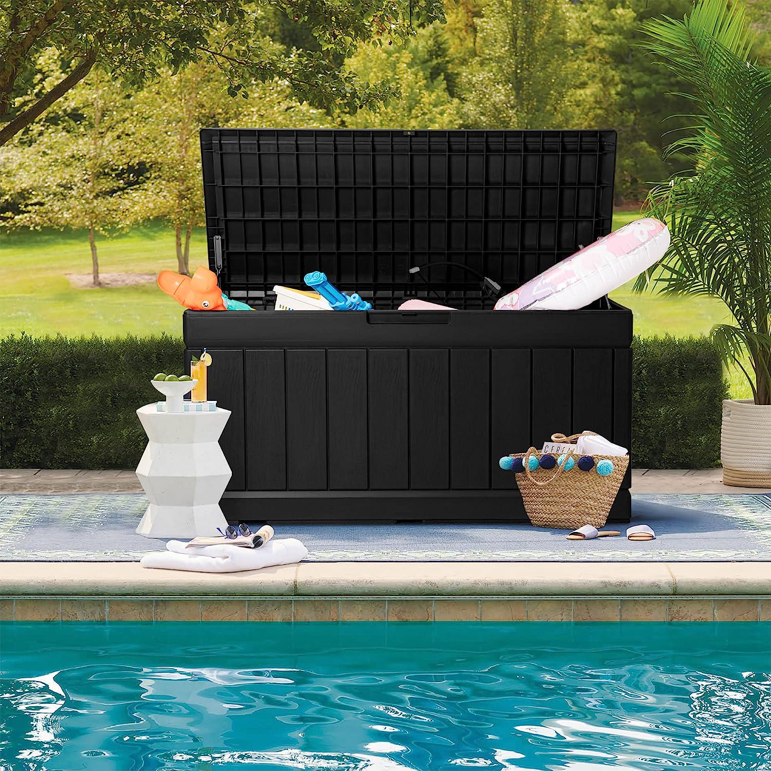 JUMMICO 88 Gallon Outdoor Deck Box Large Resin Storage Box for Patio Furniture Cushions, Toys, and Garden Tools (Black)