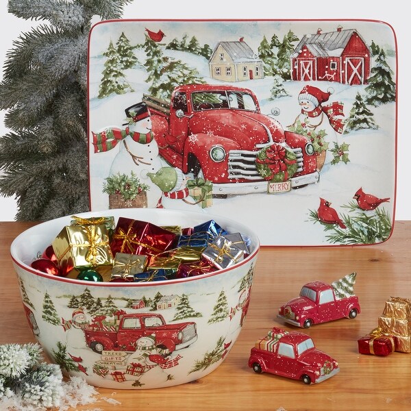 Certified International Red Truck Snowman Rectangular Platter，16 X 12