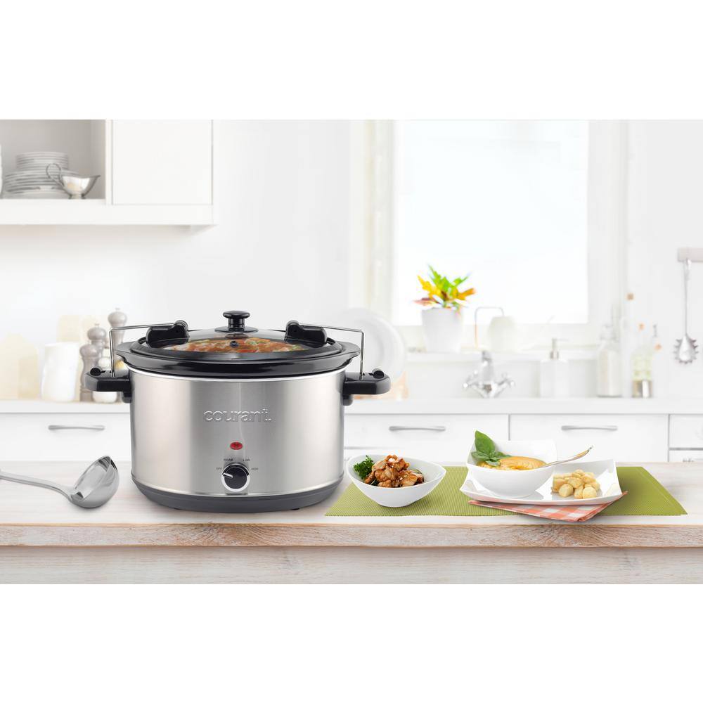 Courant 6-qt. Slow Cooker with Locking Lid Warm Settings Stainproof Stoneware Pots Stainless Steel MCSC6047ST974