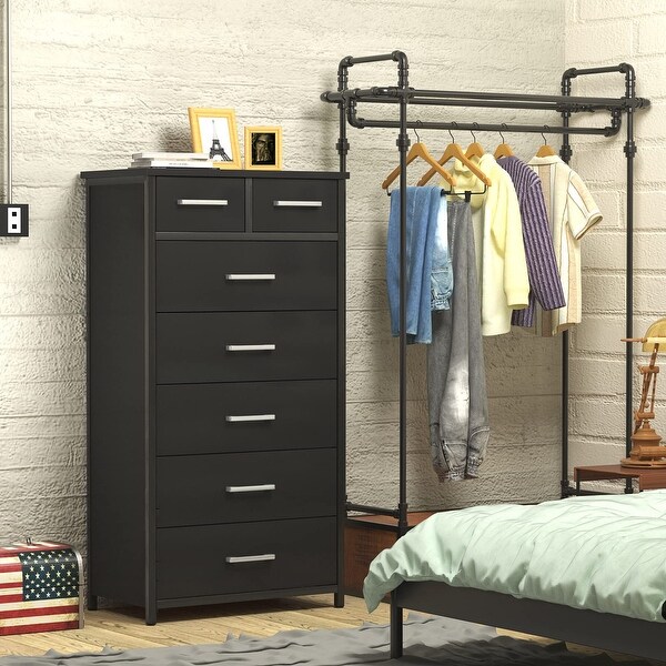 7 Drawer Tall Dresser with Sturdy Metal Frame， Industrial Drawer Chest for Bedroom， Clothes Storage Cabinet - as picture - - 37668584