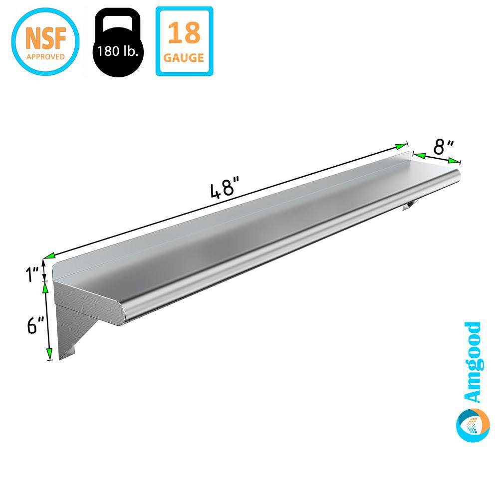 AMGOOD 8 in. x 48 in. Stainless Steel Wall Shelf. Kitchen Restaurant Garage Laundry Utility Room Metal Shelf with Brackets AMG WS-0848