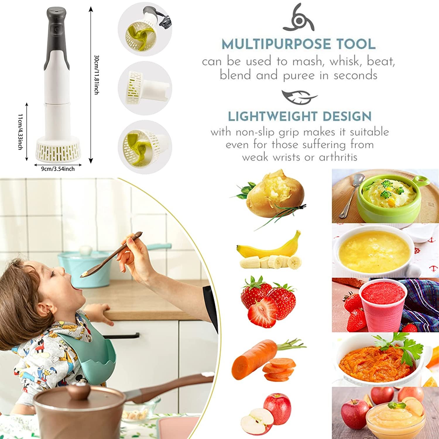 Electric Potato Masher， Hand Blender Immersion Mixer For Potatoes Veggies Baby Food Soups