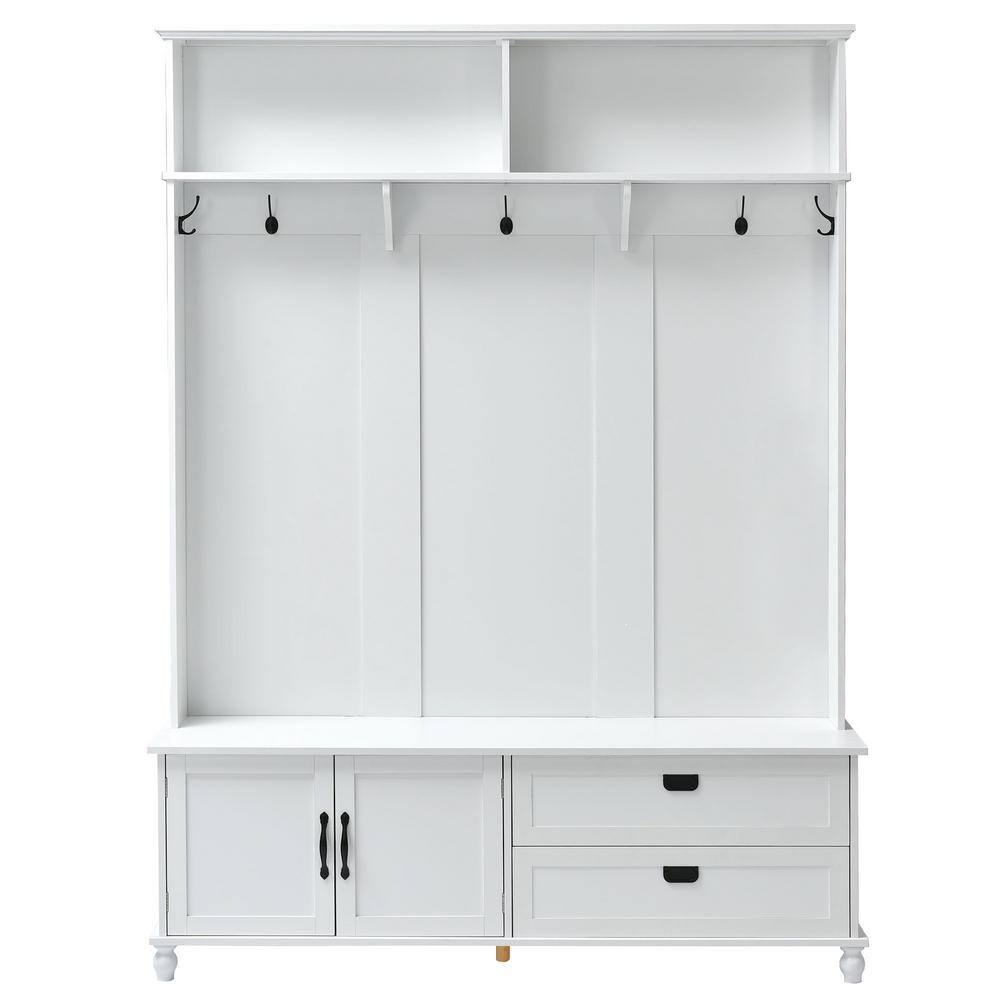 URTR Modern Style White Hall Tree with Storage Cabinet and 2-Large Drawers Widen Mudroom Bench with 5-Coat Hooks WYX-675W