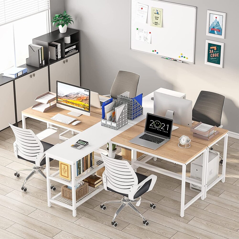 94.5 inch Double Computer Desk with Storage Shelves  Two Person Desk