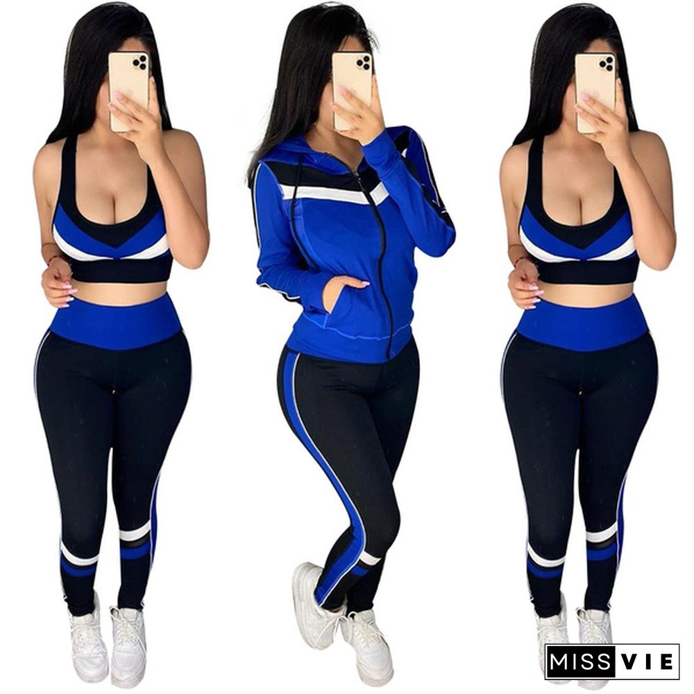 Women Fashion Sports Suits Running Wear Gym Clothes Vest Top / Pants/ Coat 3Pcs Set