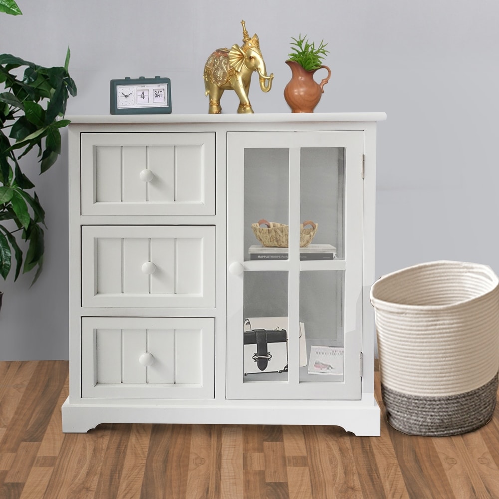 24 Inch Paulownia Wood Accent Cabinet  3 Drawers  1 Glass Door  White