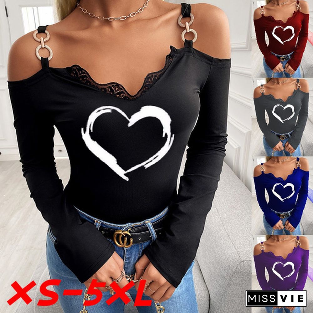 Spring and Autumn Plus Size Fashion Women Casual Heart Printed Lace Trim Cold Shoulder Chain Strap Long Sleeve Tops