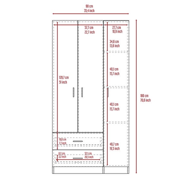 Bosko 3 Doors Armoire， 2 Drawers， 4 Shelves， Metal Rod - - 34518435