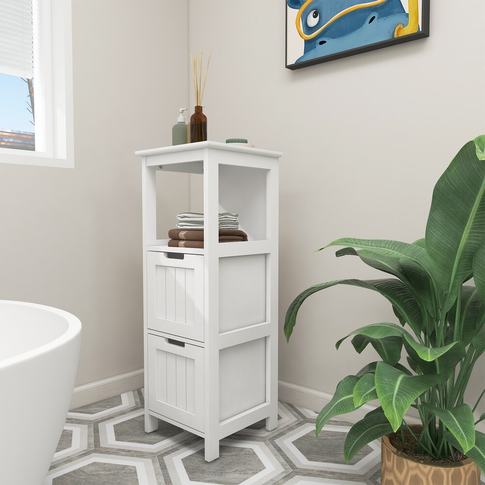 Bathroom Floor Cabinet with 2 Drawers and 1 Storage Shelf Freestanding Wood Storage Organizer Cabinet White