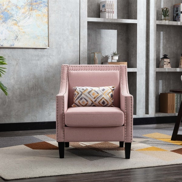 Linen Accent Armchair Living Room With Nailheads And Solid Wood Legs