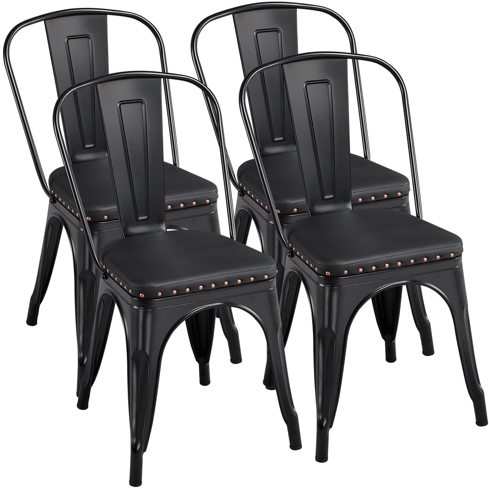 SMILE MART Industrial Metal Studded Dining Chair with Cushion， Set of 4， Black