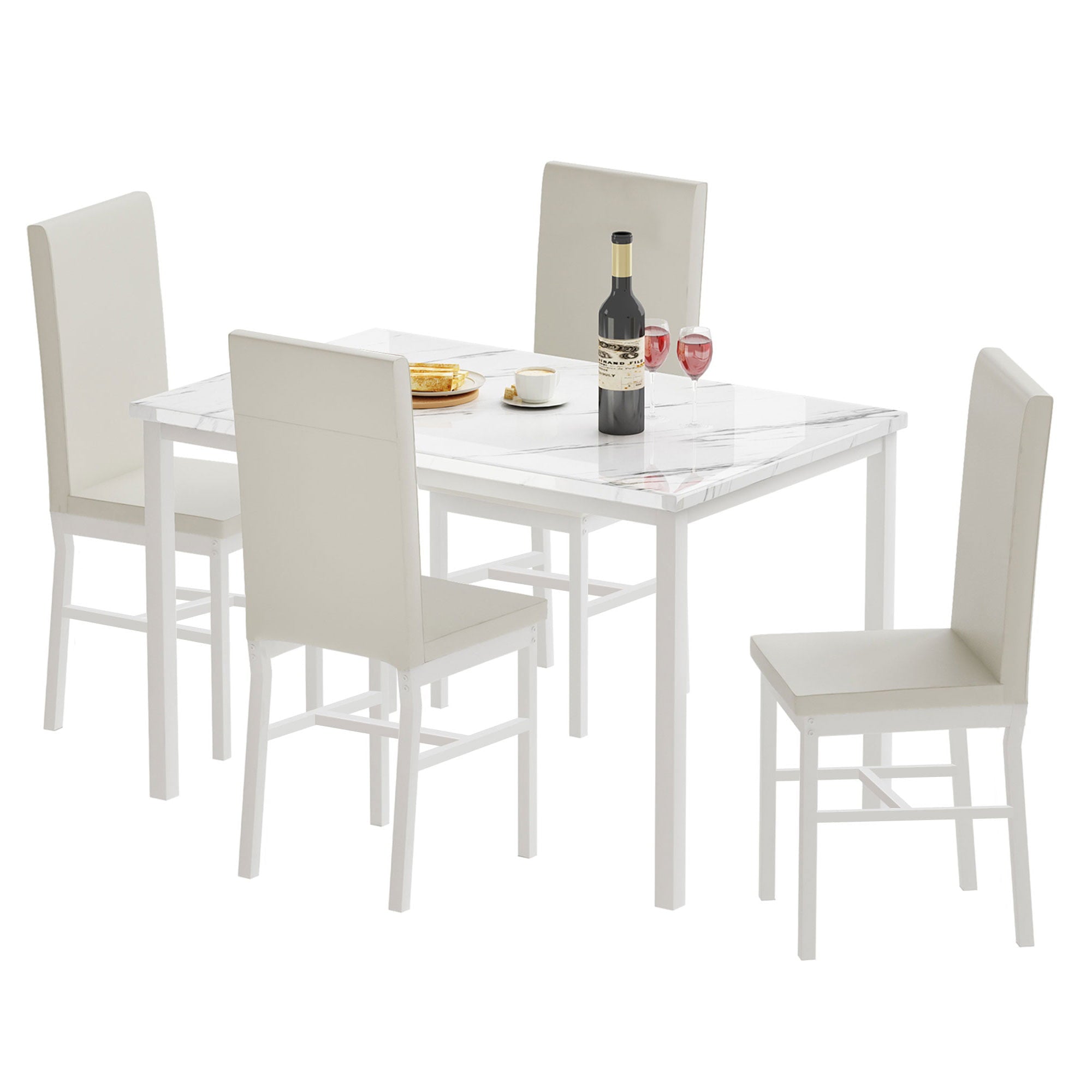 paproos Dining Table Set for 4, Modern 5-Piece Kitchen Table Set with Marble Top and Faux Leather Upholstery Chairs, Heavy Duty Dinette Sets for Breakfast Nook, Dining Room Table and Chairs, White