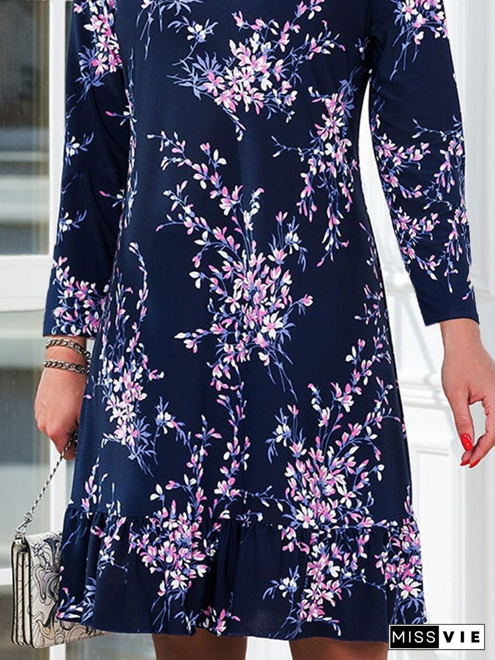 Floral Long Sleeve Crew Neck Plus Size Casual Tunic Dresses