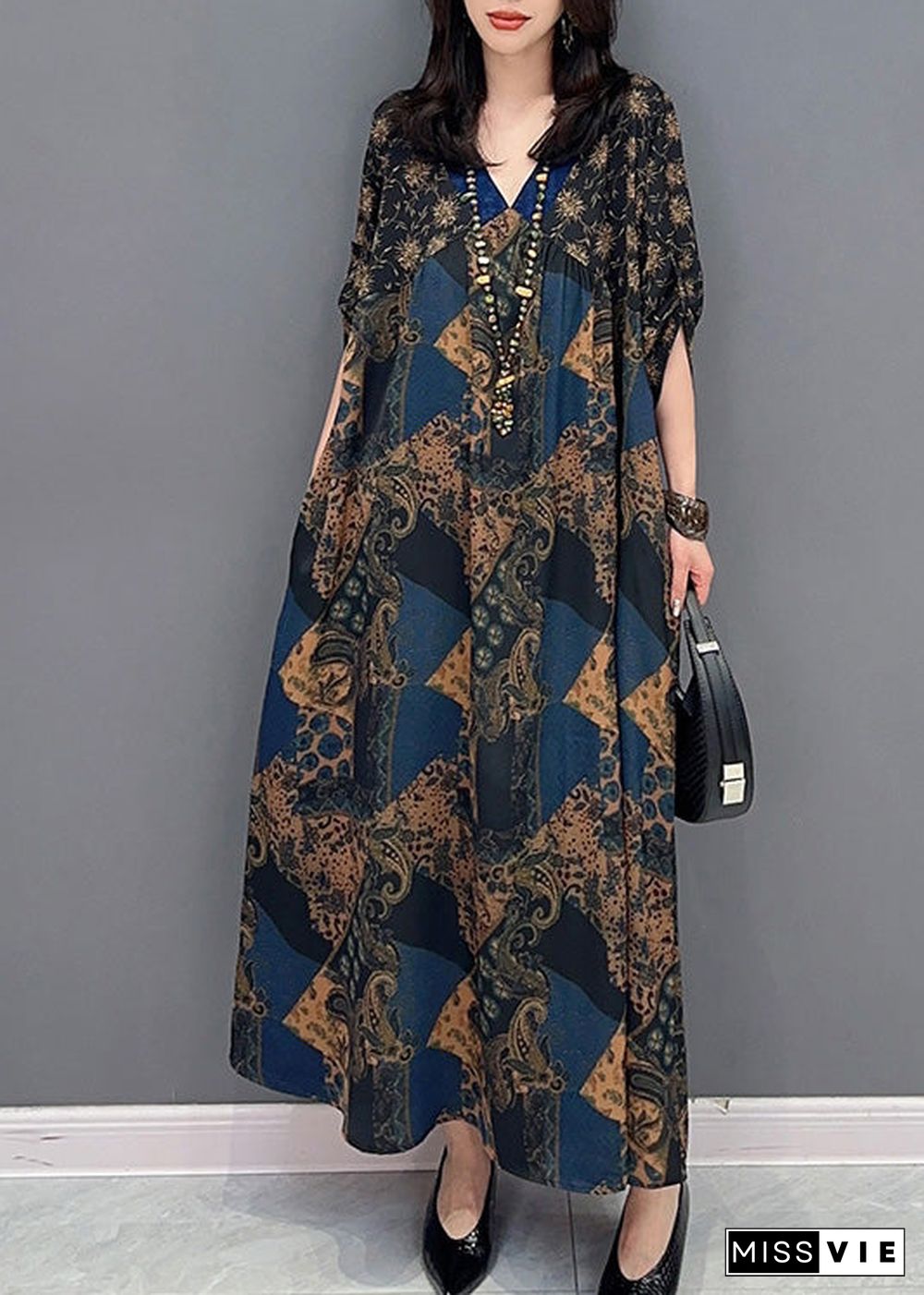 Loose V Neck Print Long Dress Summer