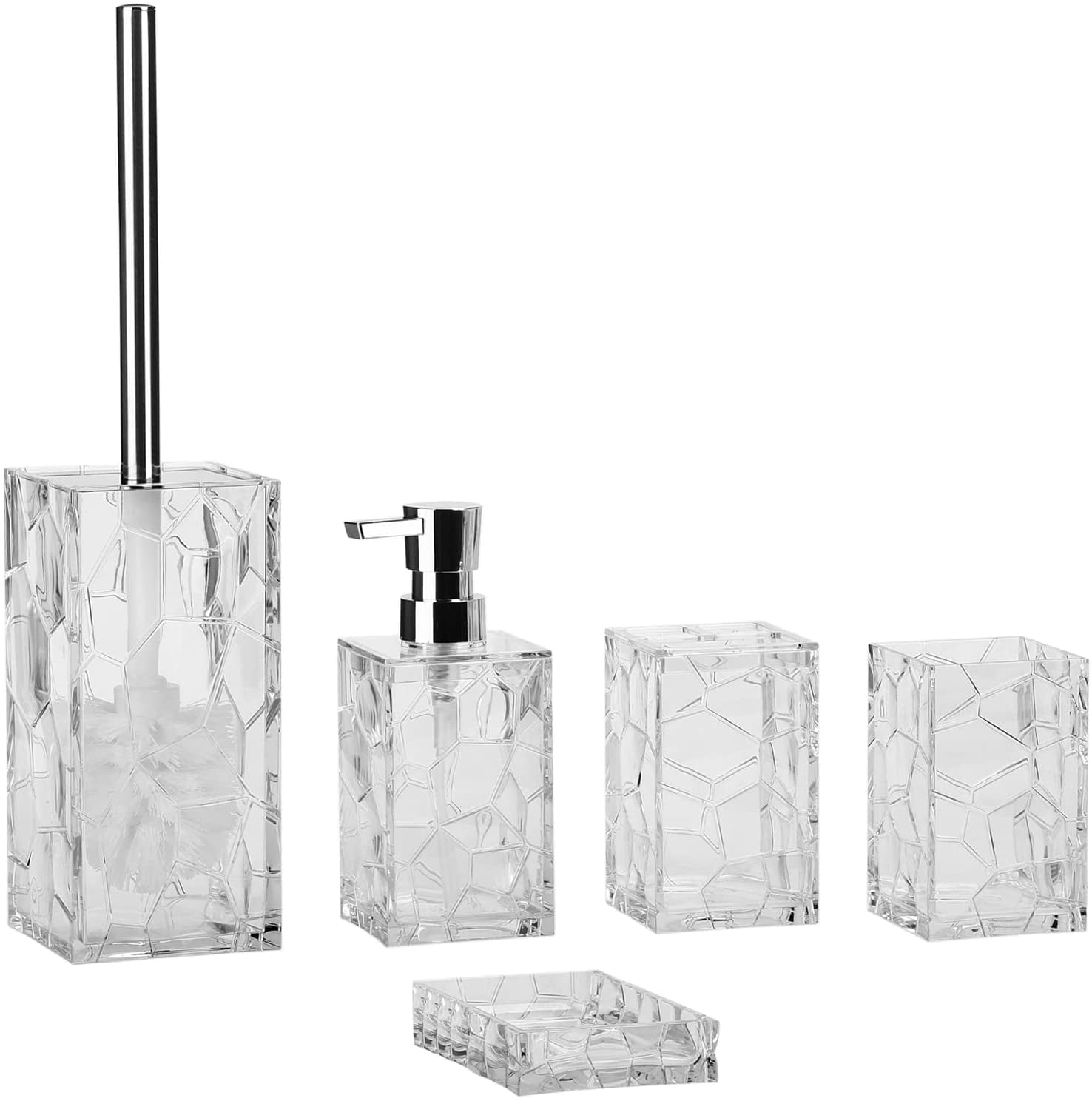 Acrylic Bathroom Accessories Set of 5， Bathroom Soap Dispenser Sets， Acrylic Toothbrush Holder Set，  Vanity Accessory Set with Dish Toilet Brush Set for Elegant Bathroom Restroom Decor and Gift， White