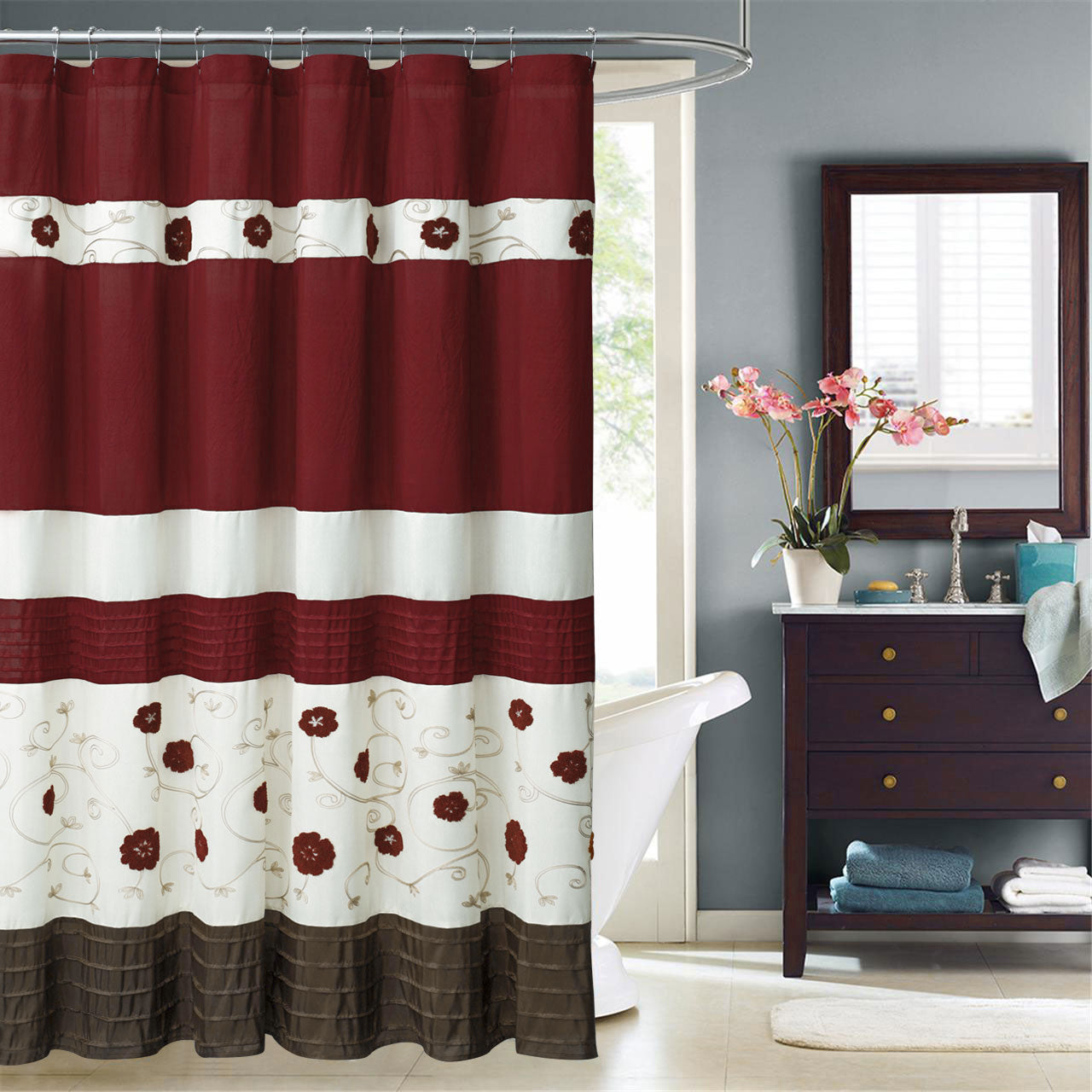 HIG Luxurious Farmhouse Unique Floral Emboridered Cloth Fabric Shwoer Curtain 72x72 Extra Long Bathroom Curtain