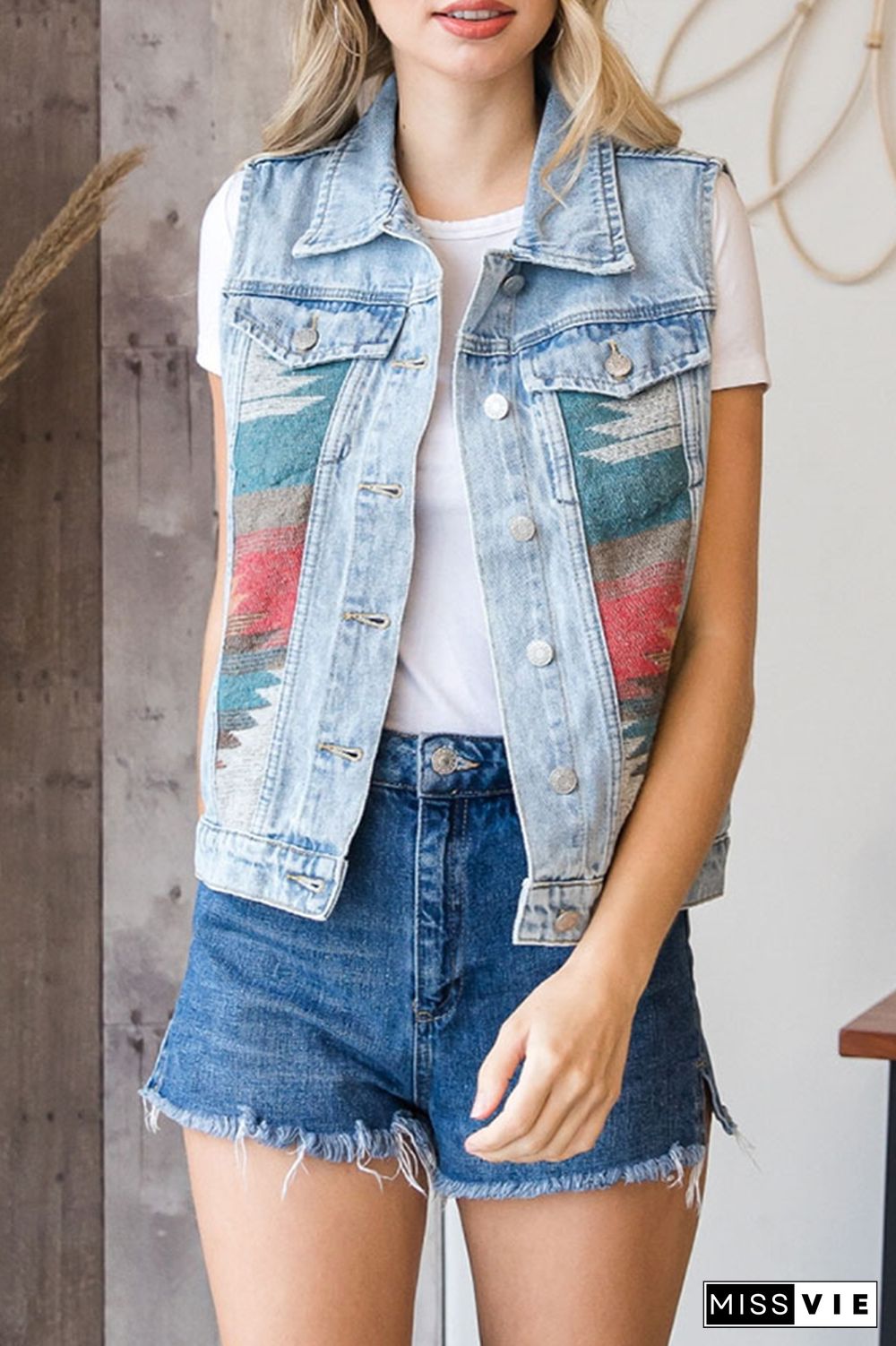 Aztec Print Patchwork Sleeveless Denim Jacket Wholesale