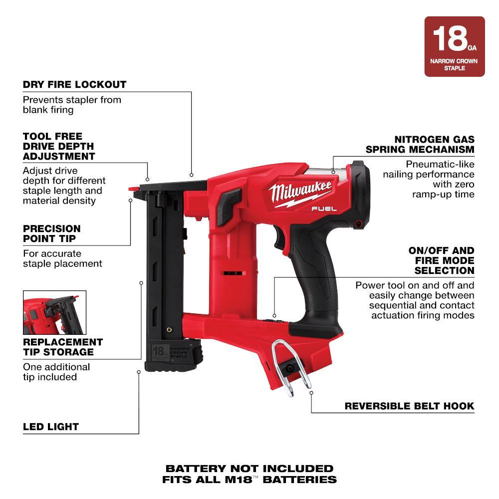 MW M18 FUEL 18-Volt Brushless Cordless 2 Gal. Electric Compact Quiet Air Compressor with 18-Gauge Narrow Crown Stapler 2840-20-2749-20