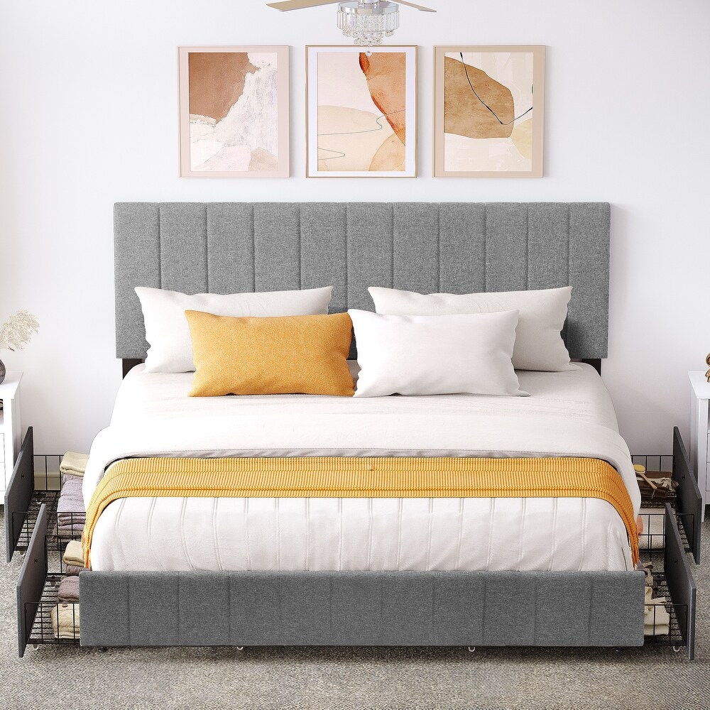 Modern Queen/King Grey Upholstered Bed Frame with Storage Drawers