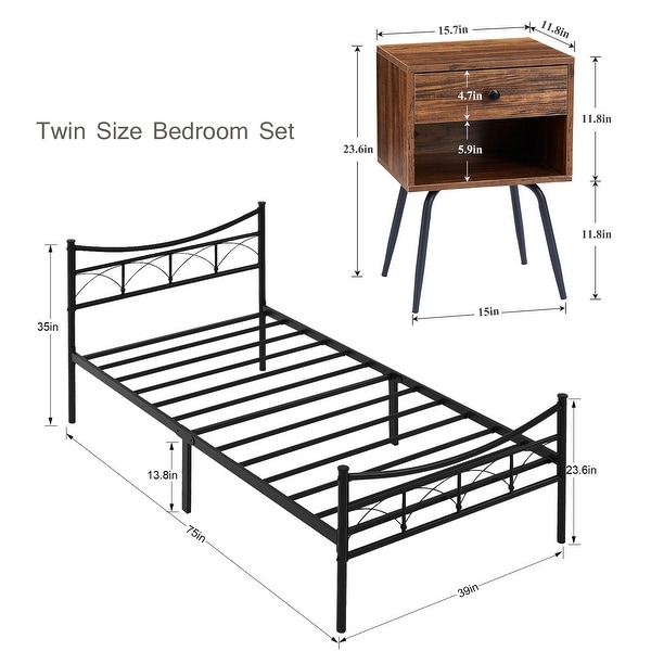 3-pieces Bed Frame and Modern Nightstand Set of 2 with 1-Drawer - - 36539696