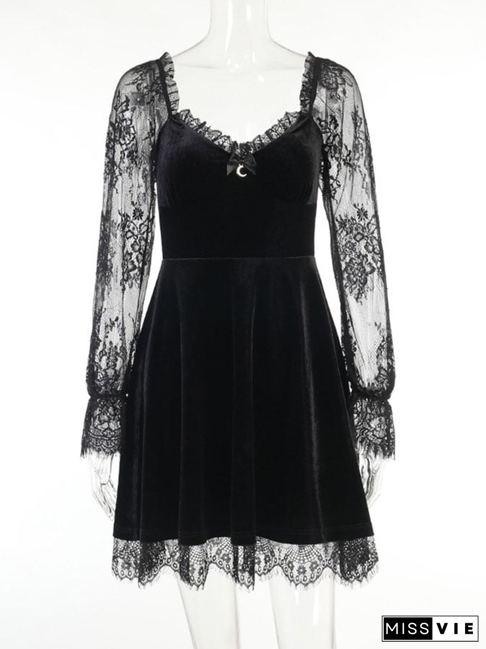 Sexy Lace Panel Flared Long Sleeve Dress