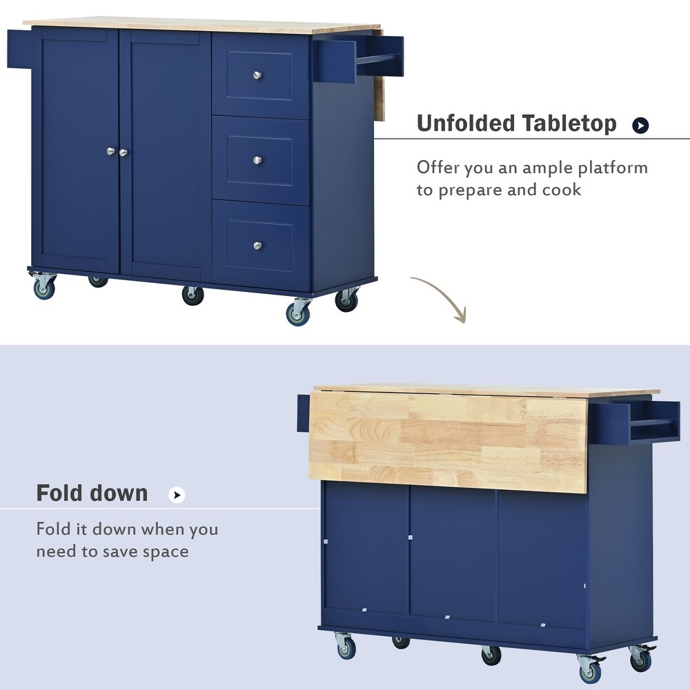 Rolling Mobile Kitchen Island with Drop Leaf   Solid Wood Top  Locking Wheels   Storage Cabinet and 3 Drawers