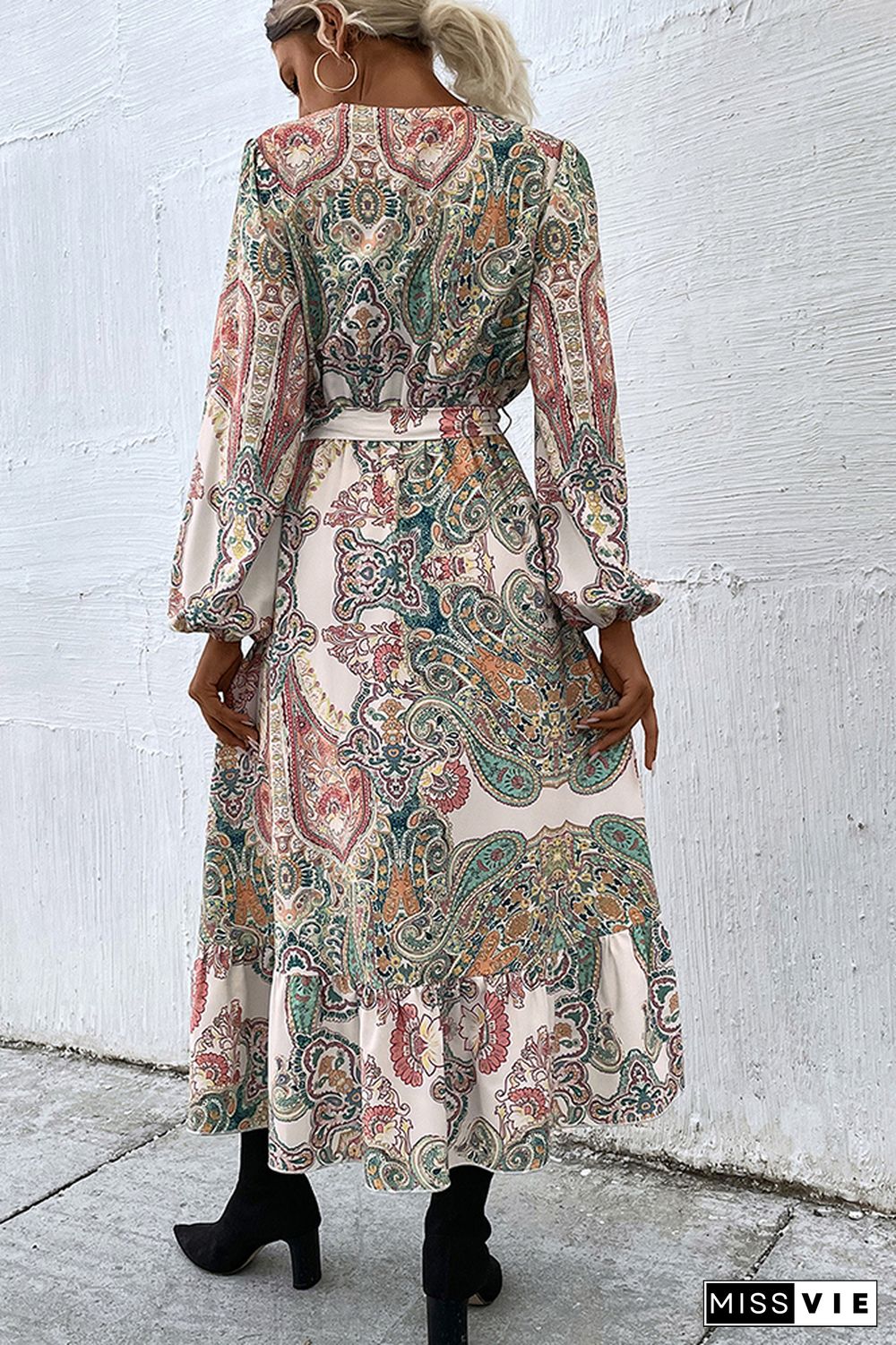 Vintage Ethnic Print Long Puff Sleeve Ruffle Dress