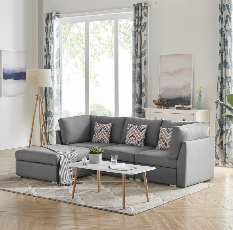 Amira Gray Linen Fabric Sofa with Ottoman and Accent Pillows   Contemporary   Sectional Sofas   by Morning Design Group  Inc  Houzz