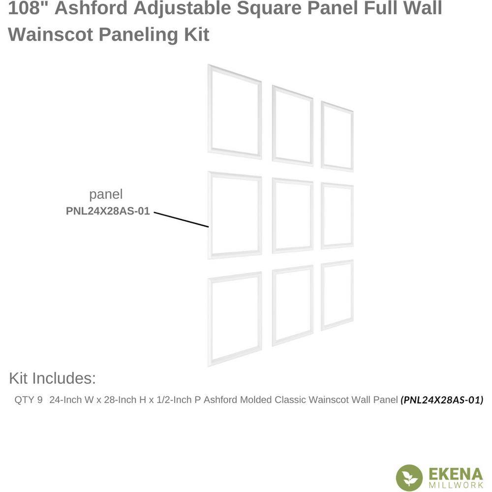 Ekena Millwork 94-12 in. Adjustable 108 in. to 132 in. Ashford Square Panel Full Wall Wainscot Paneling Kit WPKUFW021P108