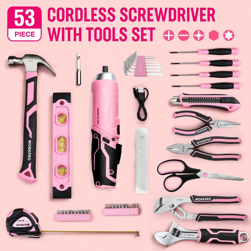 WORKPRO 55-Piece Pink Tools Set， 3.7V Rotatable Cordless Screwdriver