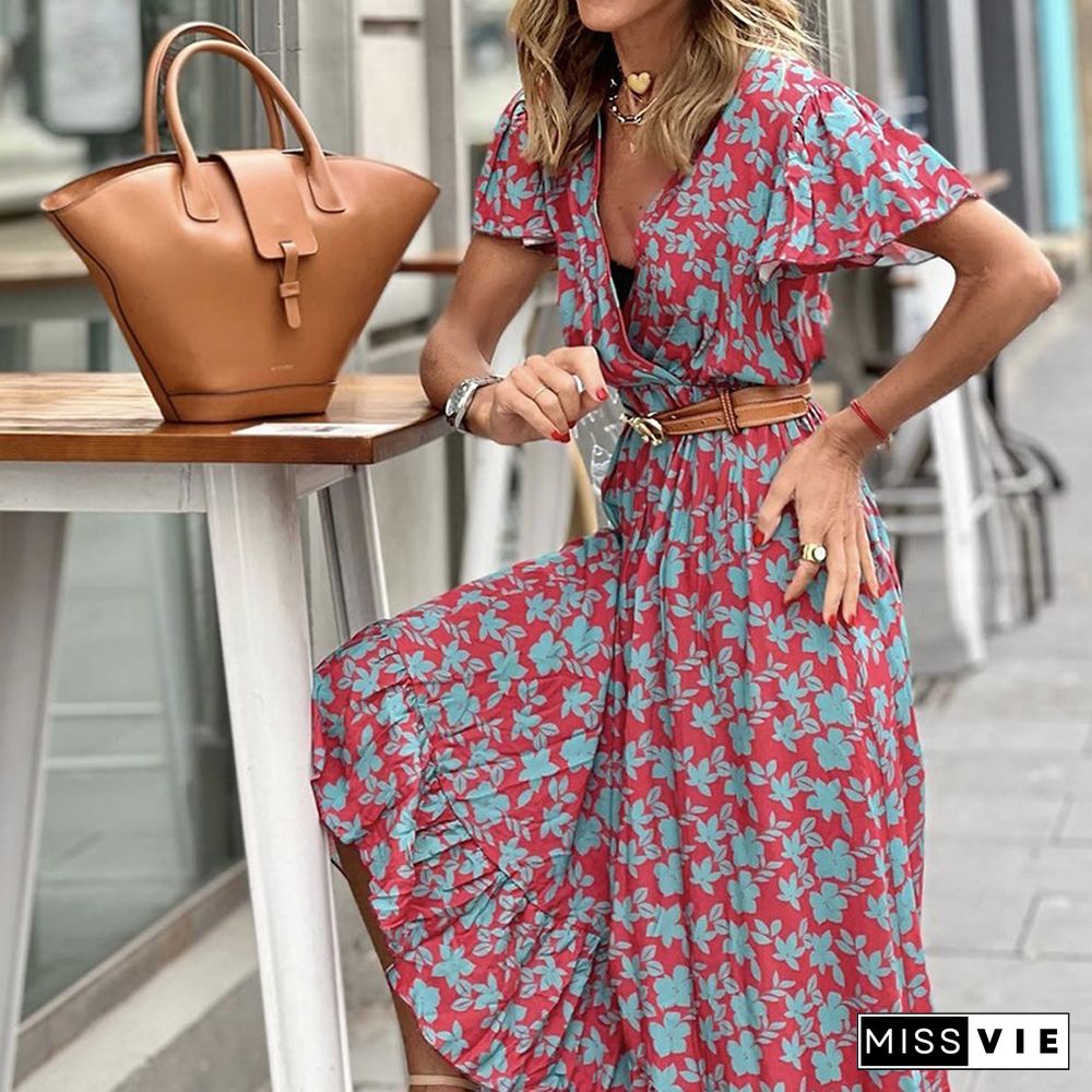 Boho Print V-Neck High Waist Slim Maxi Dress Casual Ladies Irregular Ruffle Sundress Women Vintage Short Sleeve Party Dress