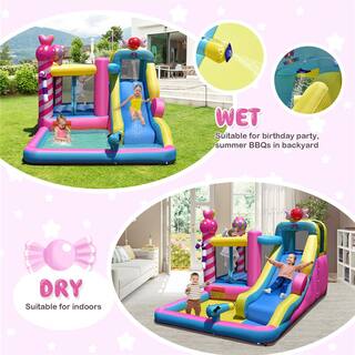 Costway Inflatable Bounce House Sweet Candy Bouncy Castle Bounce House with Water Slide and 480-Watt Blower NP10431