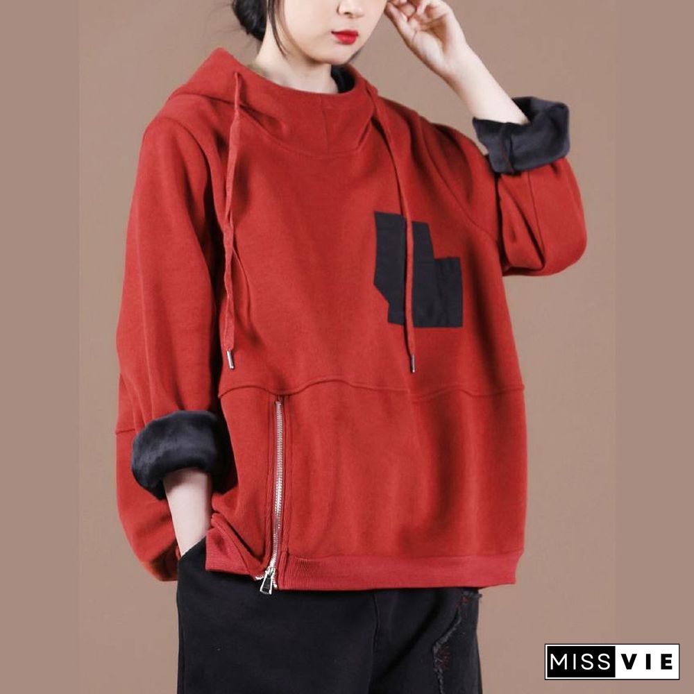 Women hooded patchwork clothes For Women Work Outfits red thick shirt