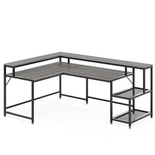 TRIBESIGNS WAY TO ORIGIN Perry 69 in. Grey Reversible Large Corner L Shaped Computer Writing Desk Monitor Stand Storage Shelf Home Office HD-JW0364-WZZ