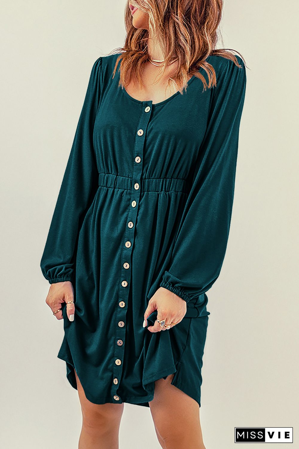 Button Up High Waist Long Sleeve Dress