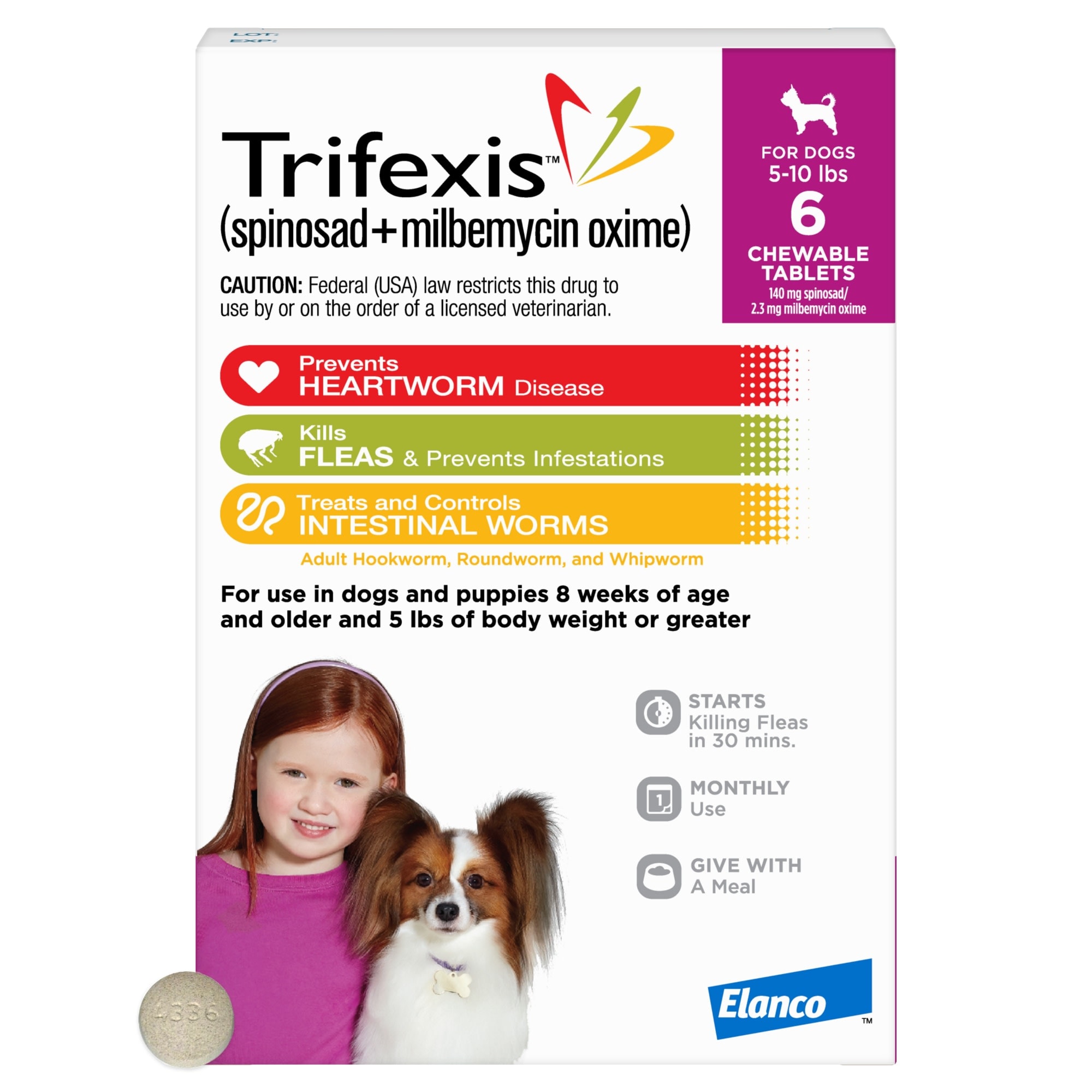 Trifexis Chewable Tablets for Dogs 5 to 10 lbs， 6 Month Supply