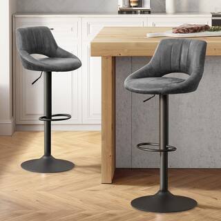 Art Leon Retro 33.86 in. Height Gray Faux Leather Swivel Adjustable Height Low Back Bar Stools with Metal Frame (Set of 2) BS003-GRAY