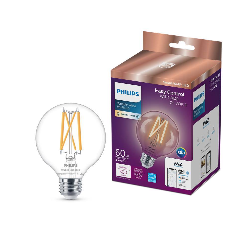 Philips 60-Watt Equivalent G25 Smart Wi-Fi LED Vintage Edison Tuneable White Light Bulb Powered by WiZ with Bluetooth (1-Pack) 567214