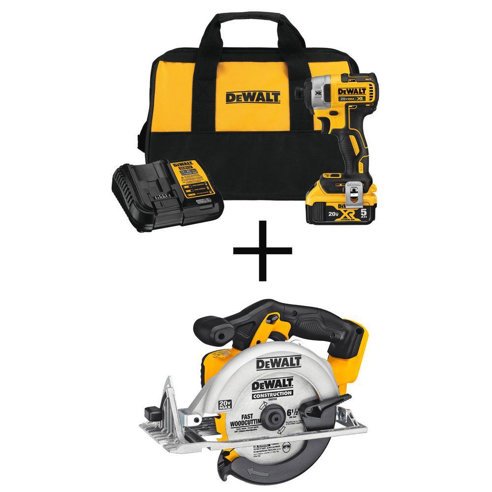 DW 20V MAX XR Cordless Brushless 3-Speed 14 in. Impact Driver 6-12 in. Circular Saw and (1) 20V 5.0Ah Battery DCF887P1W391